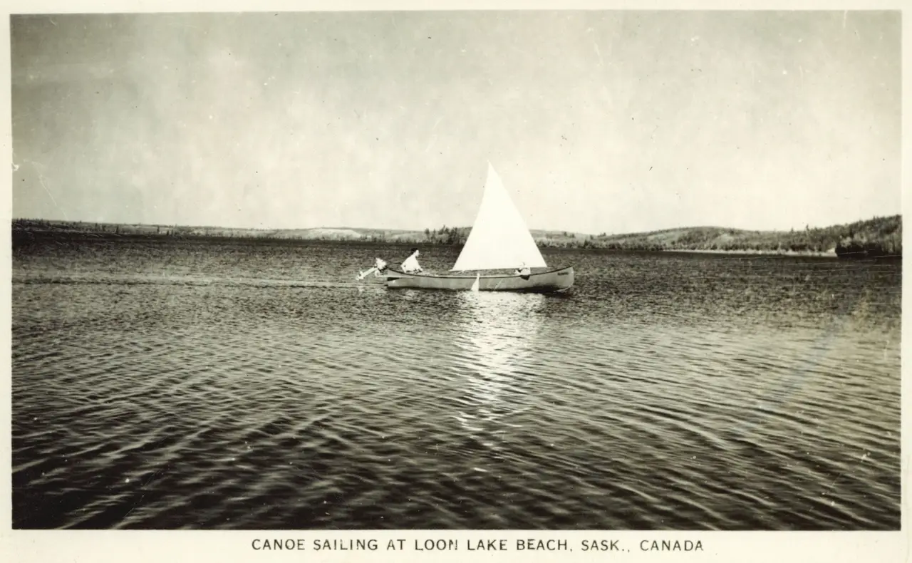 Canoe sailing at Loon Lake Beach, about 1940